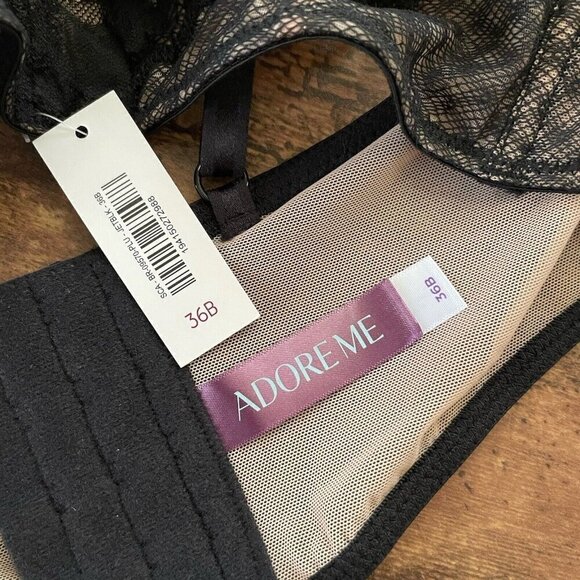 Adore Me 36B Camilla Push Up Bra Black Lace Plunge Underwire Rhinestone Longline - Picture 8 of 8